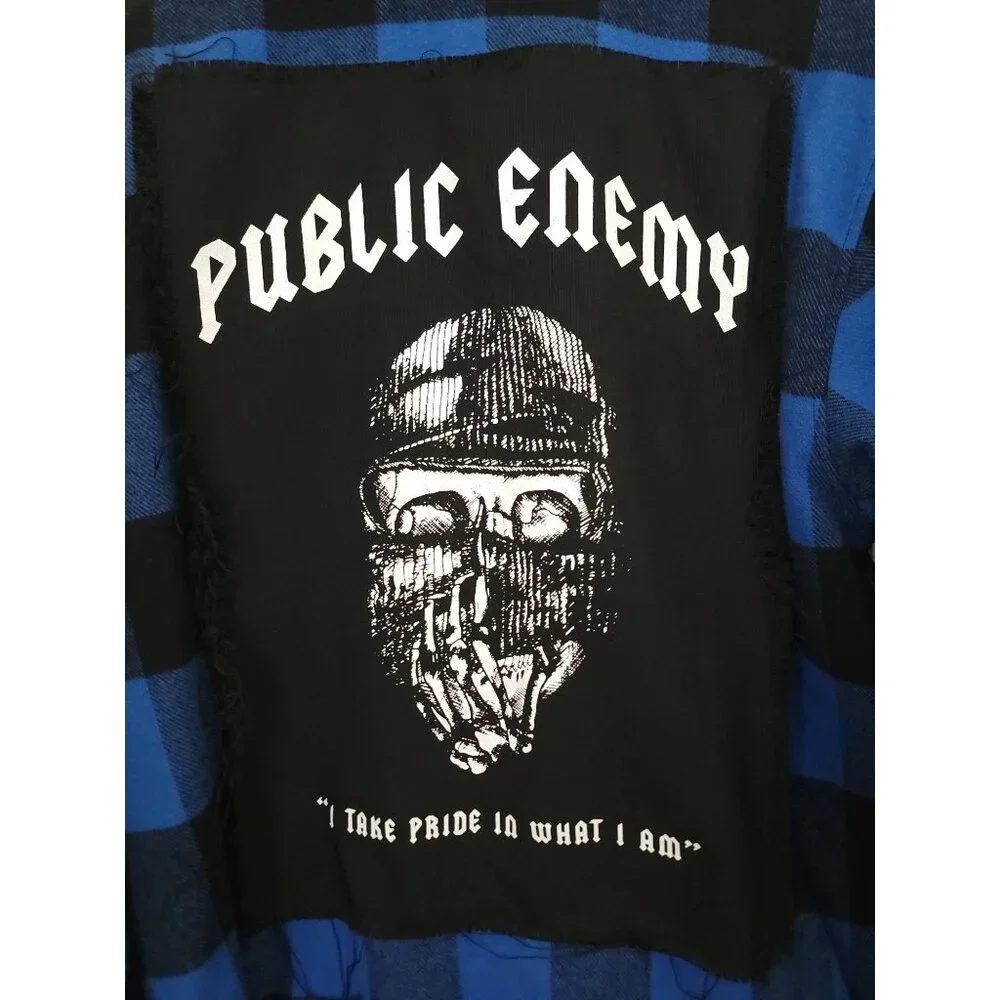 WICKED Clothing PUBLIC ENEMY Blue & Black Plaid Long Sleeve Shirt Men's Size M - Picture 4 of 7